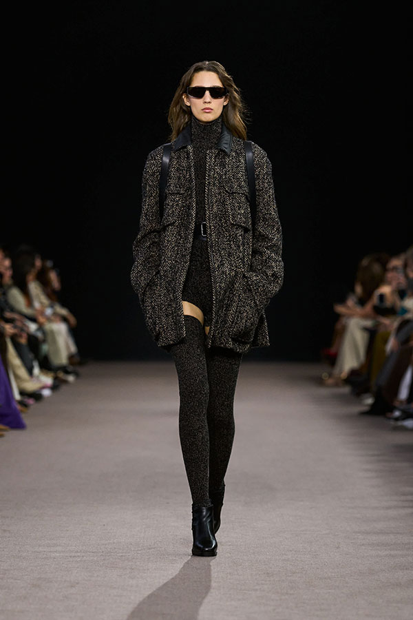 Max Mara Fall/Winter 2025 Fashion Show - Brown Look with Sunglasses, Wool Tweed Jacket, Shorts and Booties.