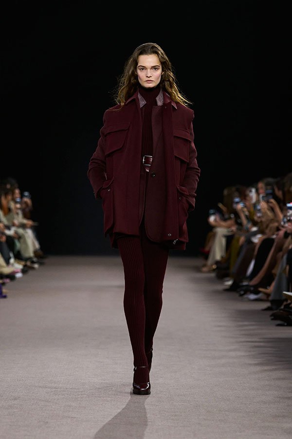 Max Mara Fall/Winter 2025 Fashion Show - Cherry Look with Long Waistcoat, Single-breasted Blazer, Miniskirt and Leggings.
